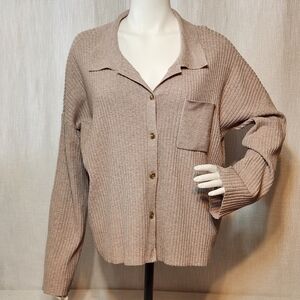 CYRUS Button Front Cardigan  Buckskin Heather Ribbed Pocket Soft XL
